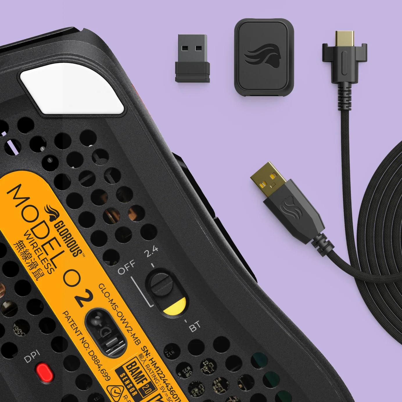 Glorious Model O 2 Wireless Gaming Mouse Dual Mode 2.4GHz & Bluetooth Wireless 68g Superlight with 26k BAMF 2.0 Sensor 26 The switch on the Model O 2 Wireless mouse allows for wired, wireless, and bluetooth connectivity